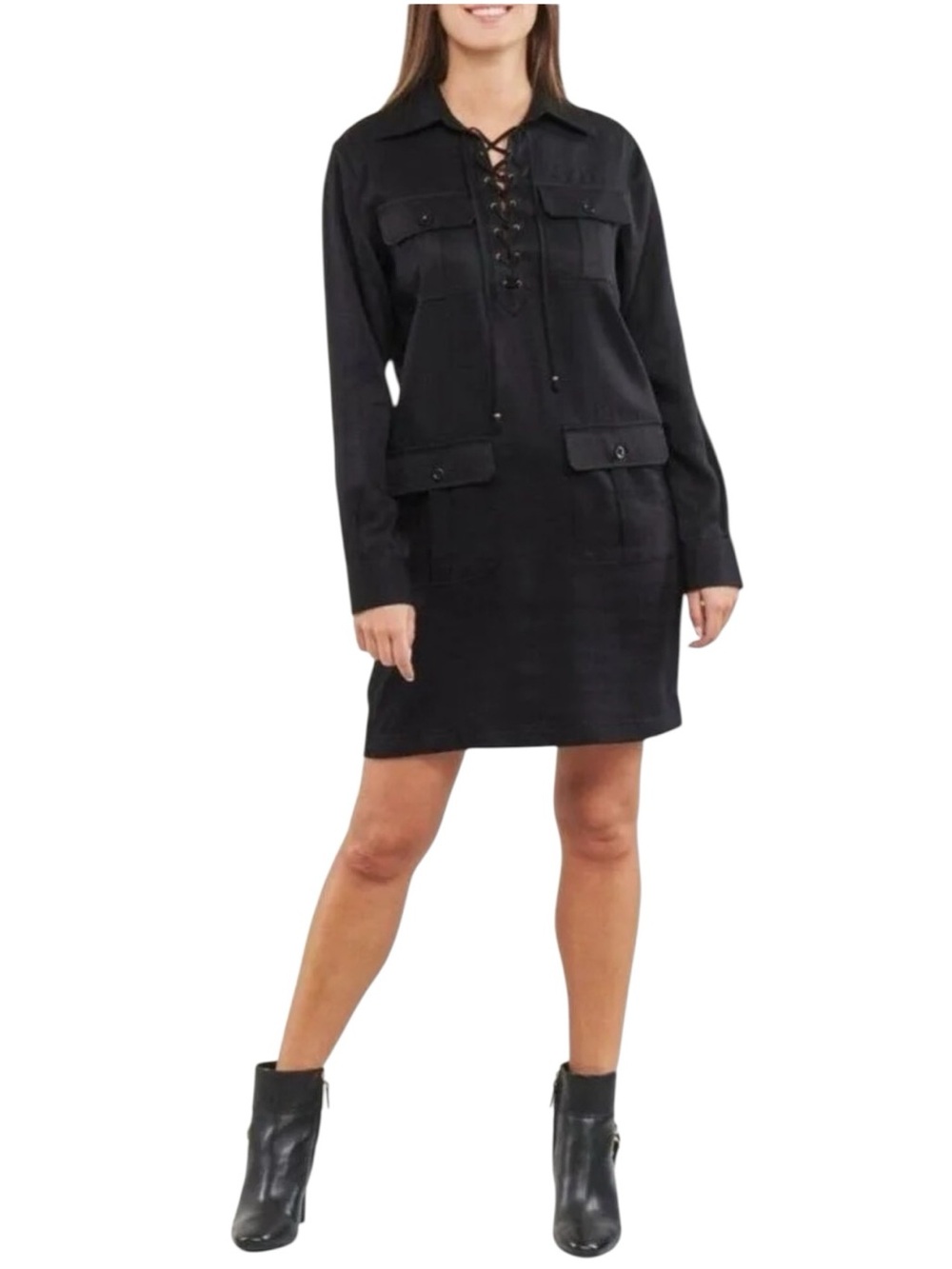 Lauren Ralph Lauren Black Twill Lace-Up Cargo Utility Shirt Dress